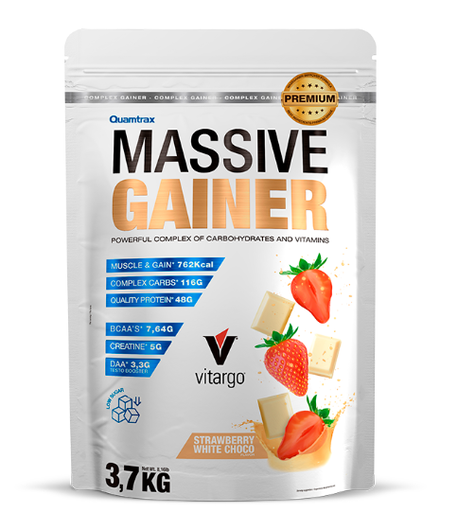 Massive Gainer Premium, 3.7Kg Sabor Fresa Chocolate Blanco, Quamtrax