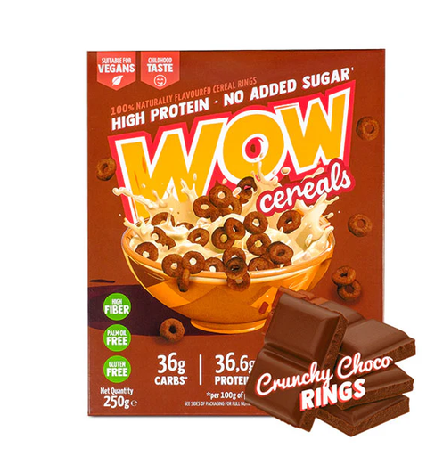 Cereales WOW, Crunchy Choco Rings, 250gr - Max Protein